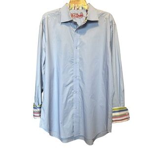 Robert Graham Blue Button Down L/S Shirt Stripe Flip Cuff Floral Placket XL